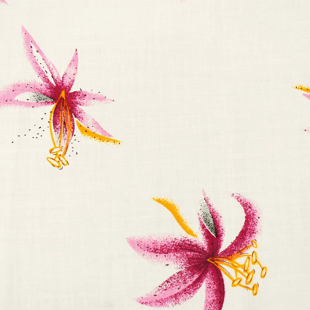 Pink-White-Multi Floral Lily Printed Linen Woven Fabric