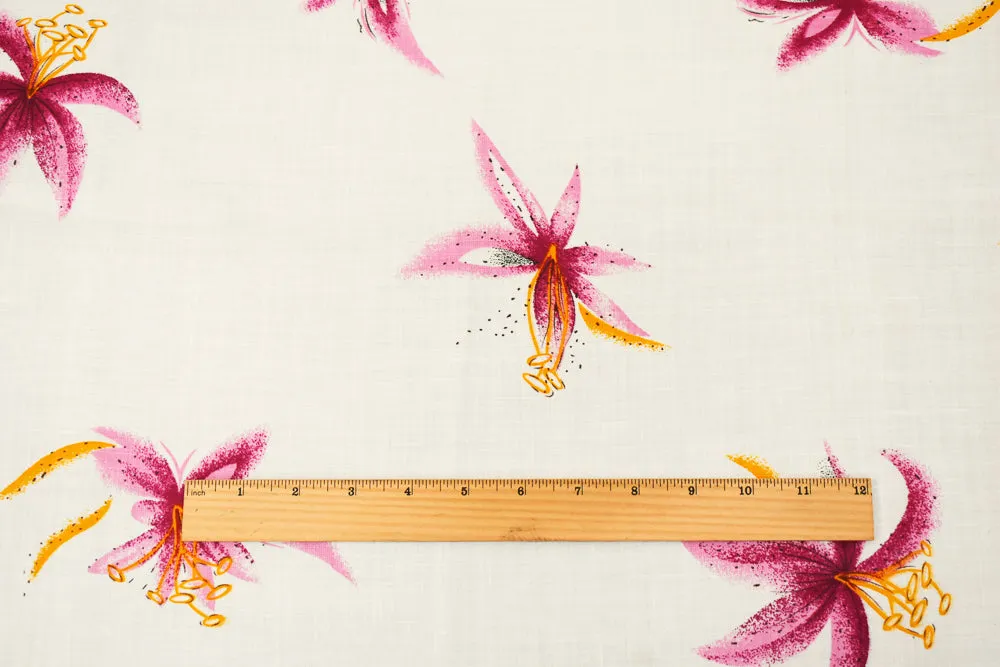 Pink-White-Multi Floral Lily Printed Linen Woven Fabric
