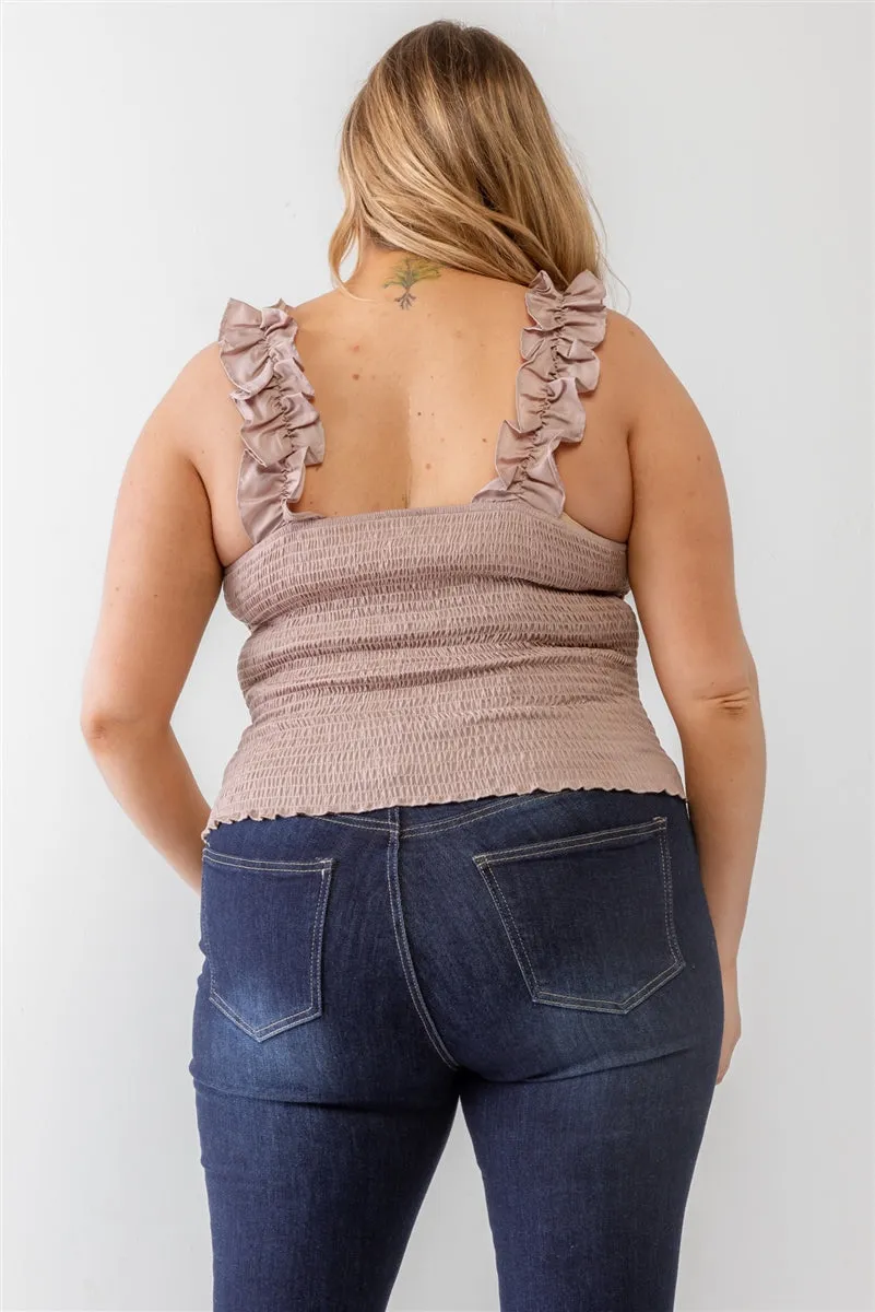 Plus Ruched Button-up Ruffle Strap Smocked Back Tank Top