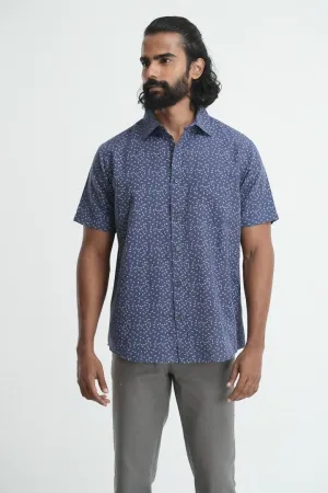 Printed linen cotton shirt - Dark Blue