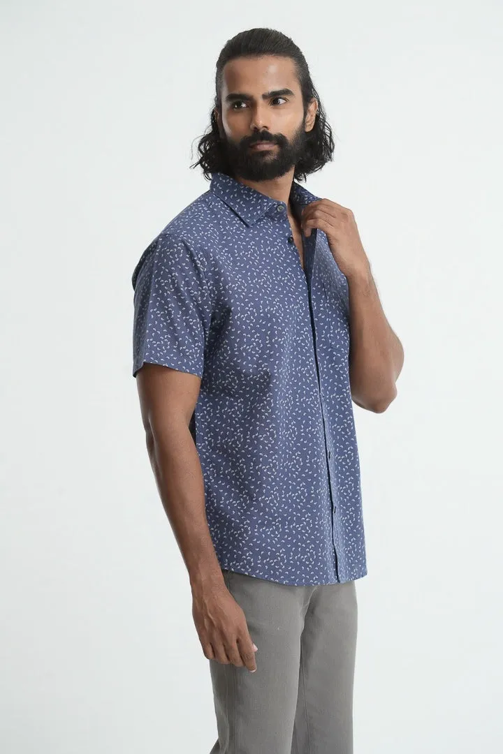Printed linen cotton shirt - Dark Blue