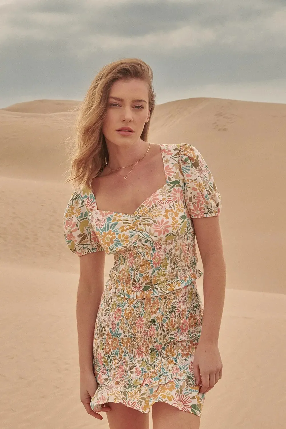 Promesa | Floral Sweetheart Smock Puff Sleeve Blouse