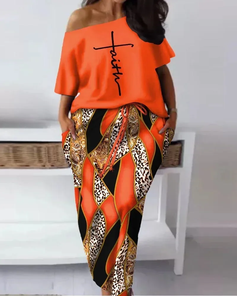 "FAITH" Off Shoulder 1/2 Short Sleeve Ladies Top   Matching Maxi Skirt 2-Piece Set