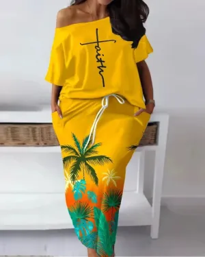 "FAITH" Off Shoulder 1/2 Short Sleeve Ladies Top   Matching Maxi Skirt 2-Piece Set