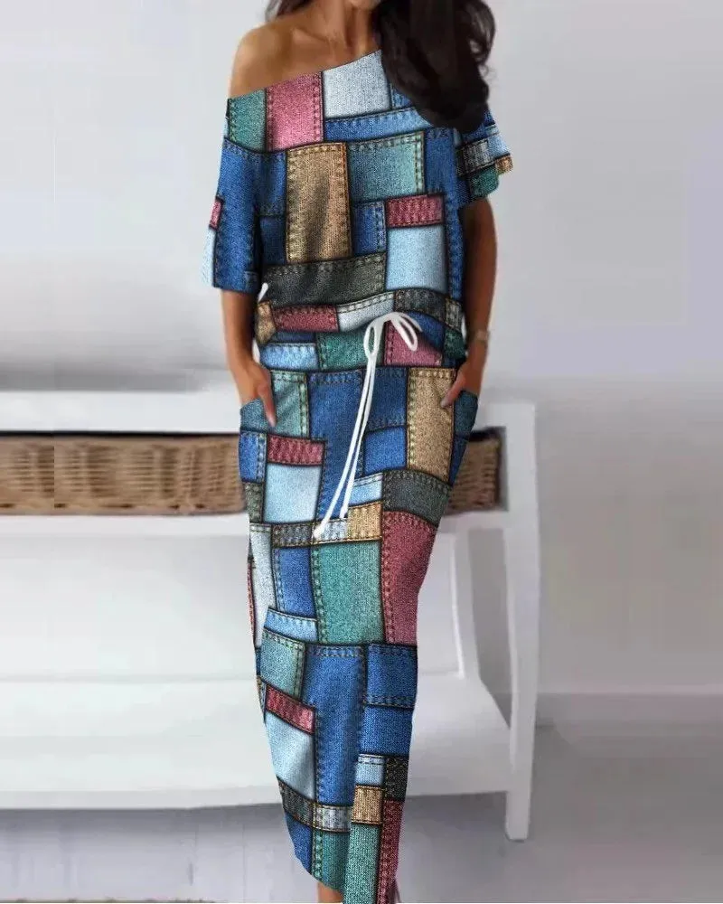 "FAITH" Off Shoulder 1/2 Short Sleeve Ladies Top   Matching Maxi Skirt 2-Piece Set