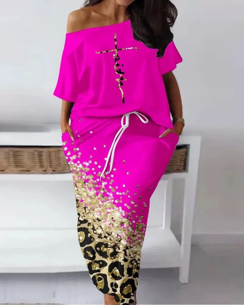 "FAITH" Off Shoulder 1/2 Short Sleeve Ladies Top   Matching Maxi Skirt 2-Piece Set