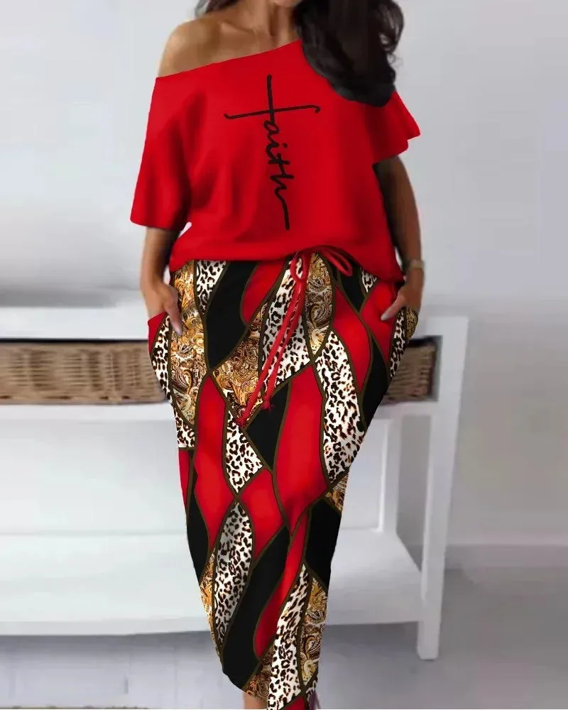 "FAITH" Off Shoulder 1/2 Short Sleeve Ladies Top   Matching Maxi Skirt 2-Piece Set
