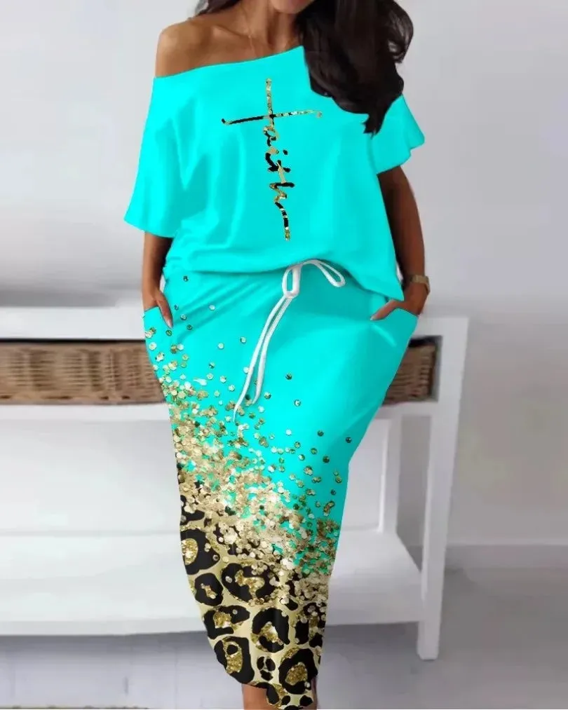 "FAITH" Off Shoulder 1/2 Short Sleeve Ladies Top   Matching Maxi Skirt 2-Piece Set