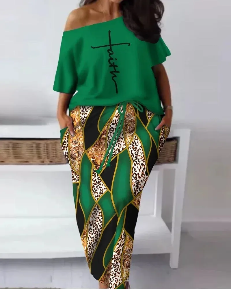 "FAITH" Off Shoulder 1/2 Short Sleeve Ladies Top   Matching Maxi Skirt 2-Piece Set
