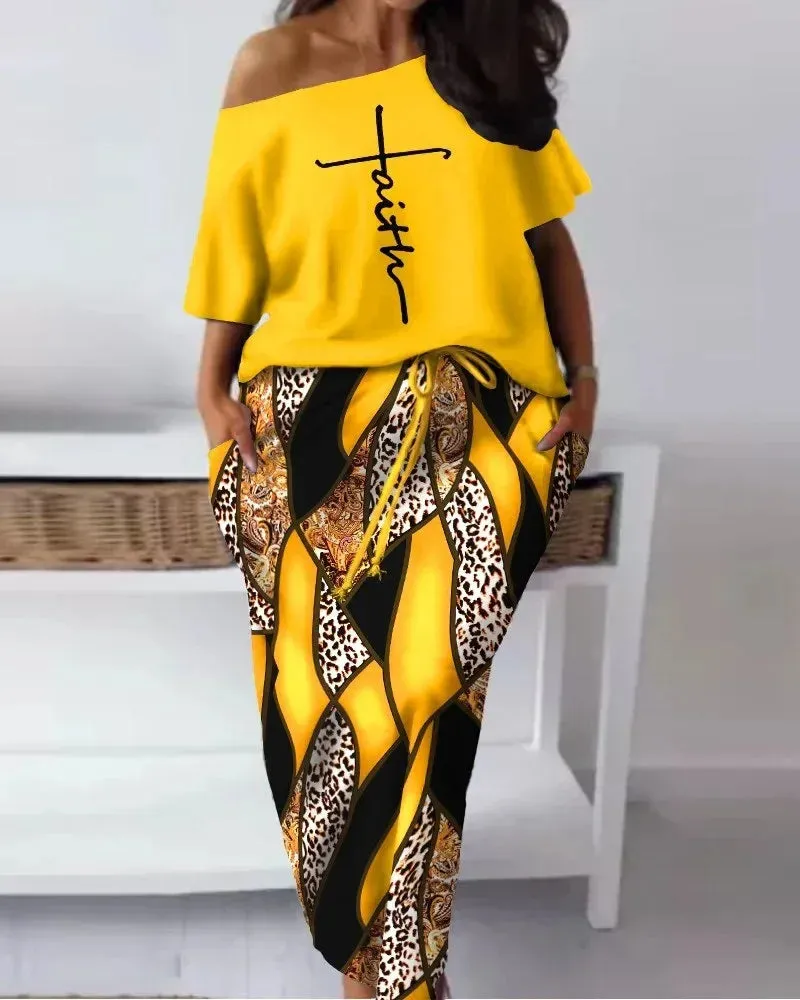 "FAITH" Off Shoulder 1/2 Short Sleeve Ladies Top   Matching Maxi Skirt 2-Piece Set