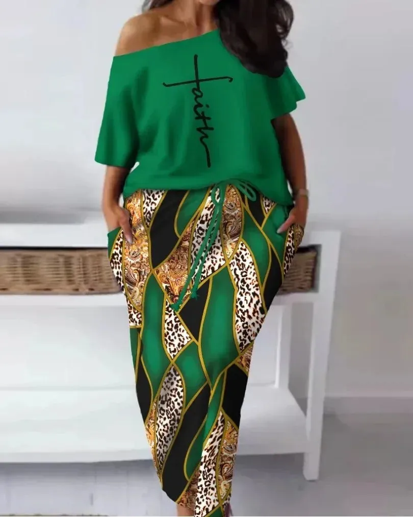 "FAITH" Off Shoulder 1/2 Short Sleeve Ladies Top   Matching Maxi Skirt 2-Piece Set