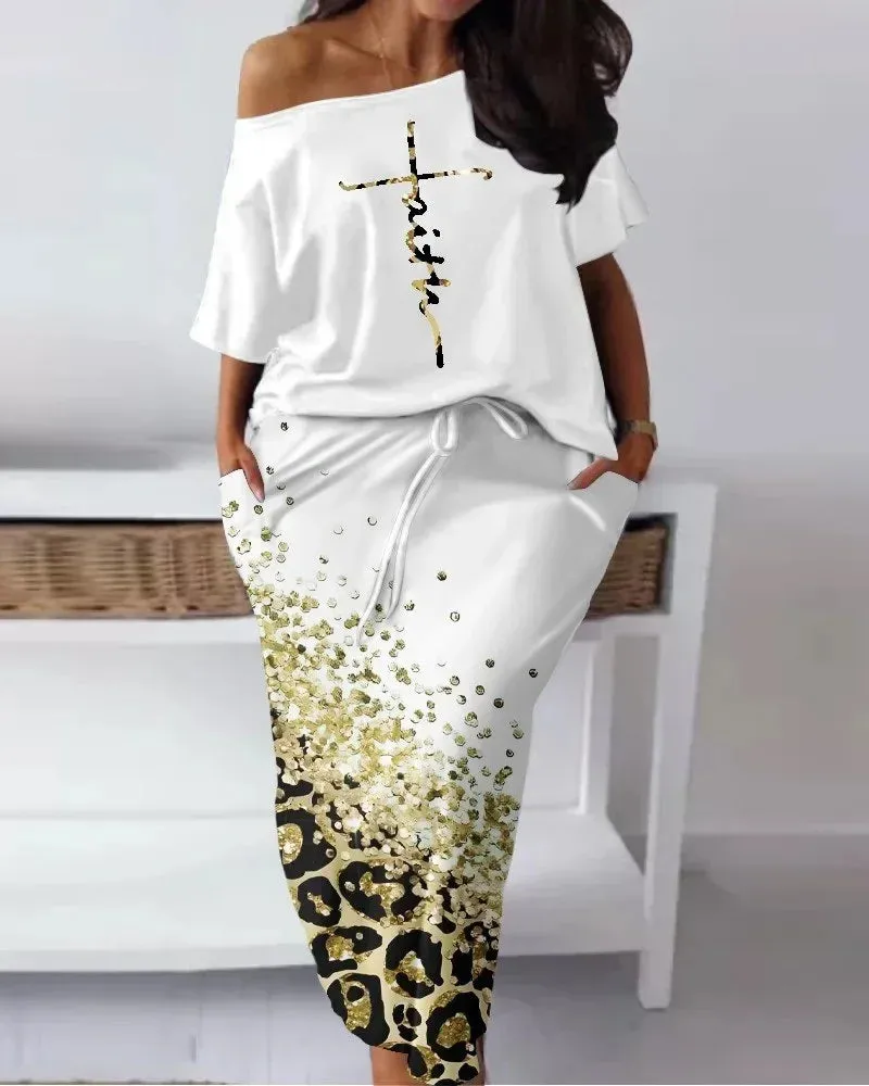"FAITH" Off Shoulder 1/2 Short Sleeve Ladies Top   Matching Maxi Skirt 2-Piece Set
