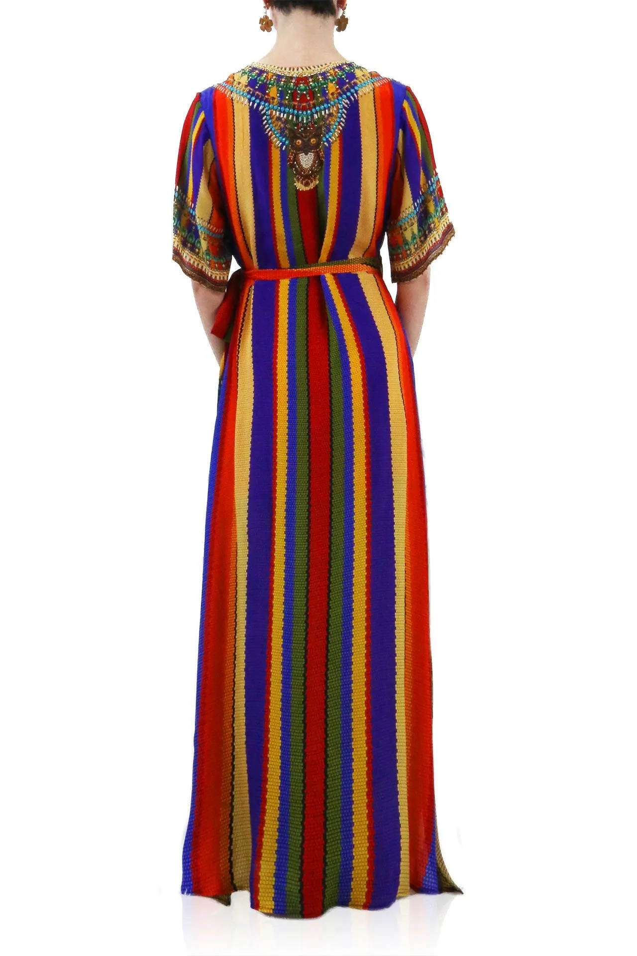 Rainbow Stripe Print Silk Wrap Maxi Dress