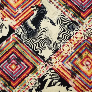 Red-Black-Multi Abstract Diamond Aztec Pattern Printed Linen Woven Fabric