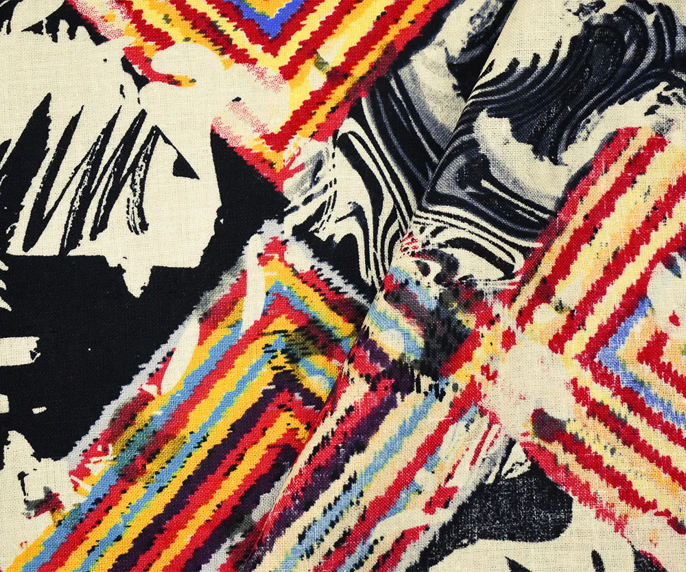 Red-Black-Multi Abstract Diamond Aztec Pattern Printed Linen Woven Fabric