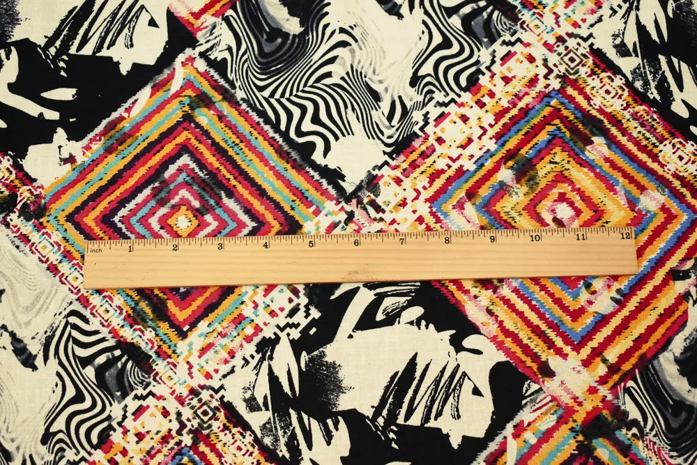 Red-Black-Multi Abstract Diamond Aztec Pattern Printed Linen Woven Fabric