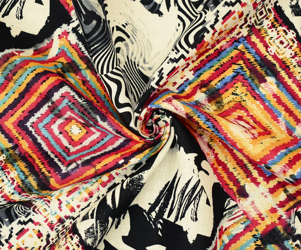 Red-Black-Multi Abstract Diamond Aztec Pattern Printed Linen Woven Fabric