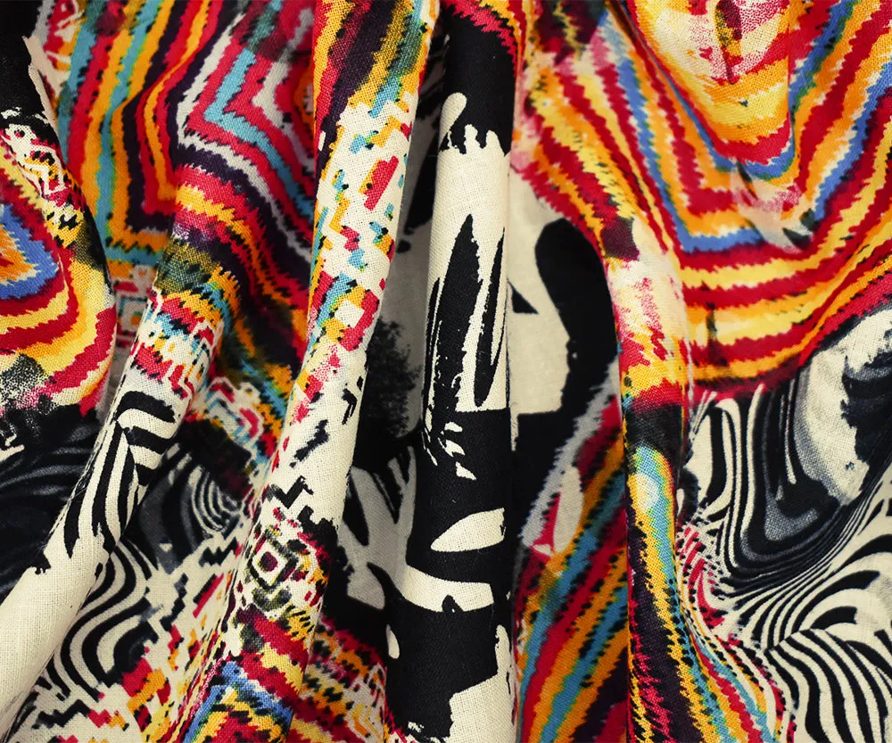Red-Black-Multi Abstract Diamond Aztec Pattern Printed Linen Woven Fabric