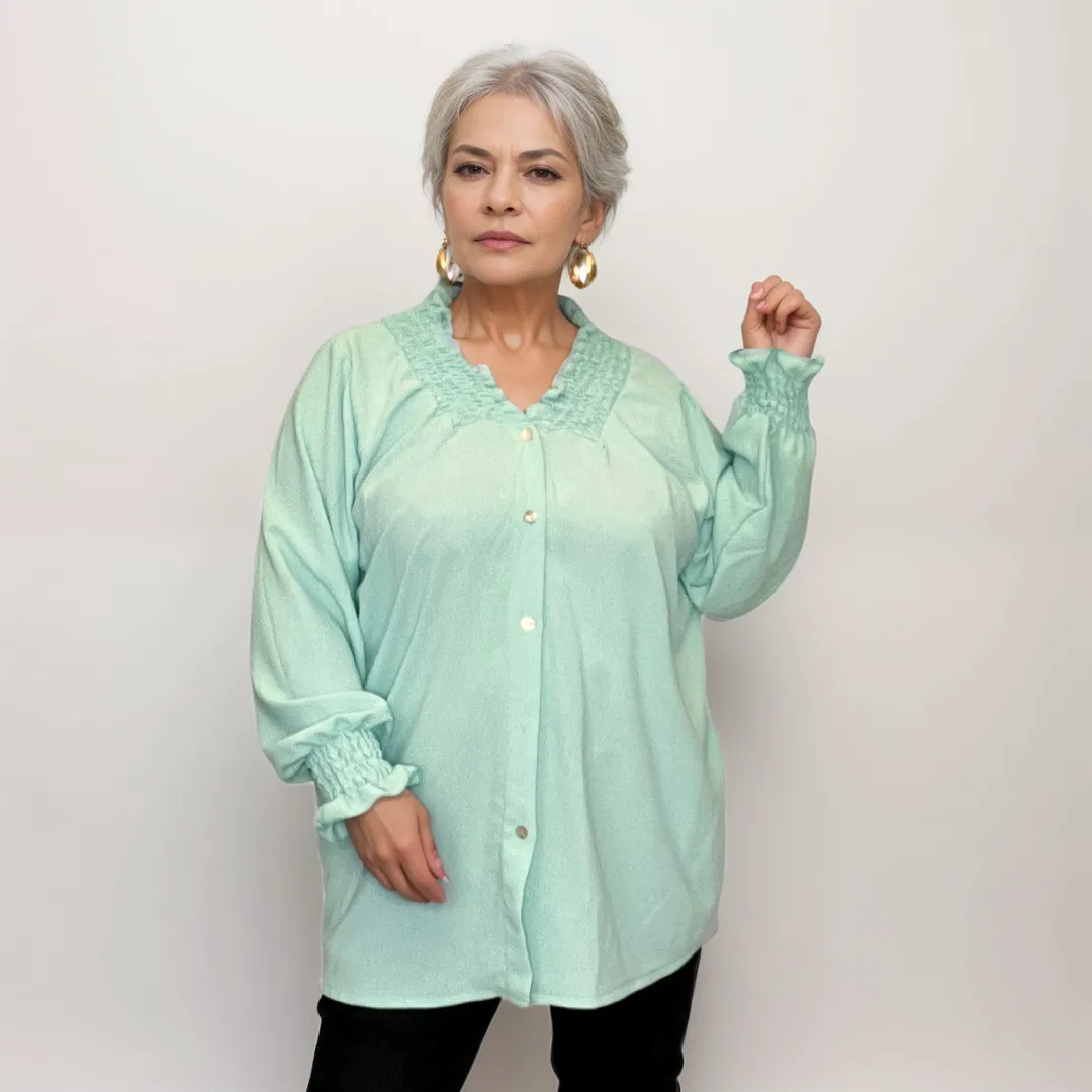 ROCKTHOSECURVES SMOCKED V-NECK LONG SLEEVE BLOUSE