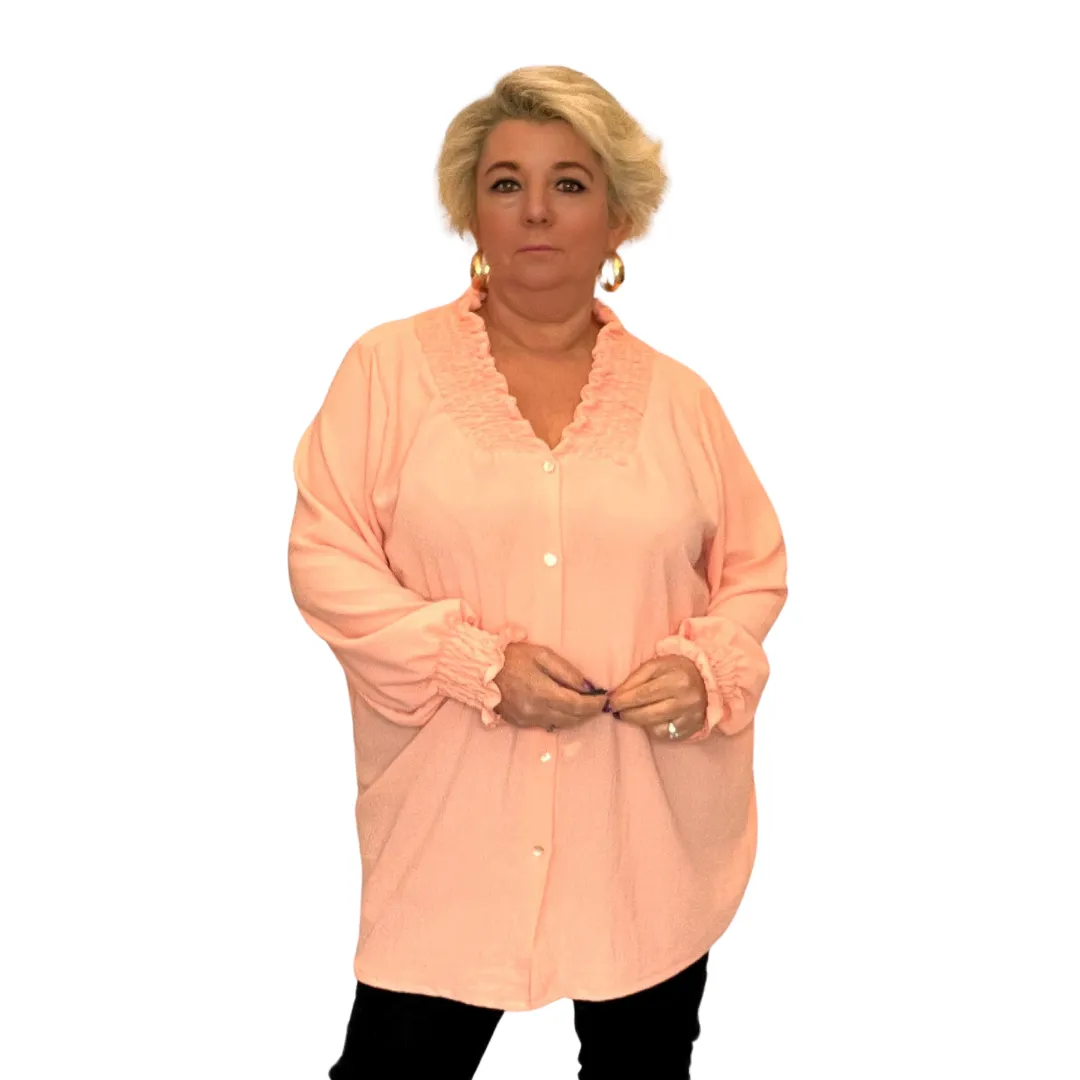 ROCKTHOSECURVES SMOCKED V-NECK LONG SLEEVE BLOUSE