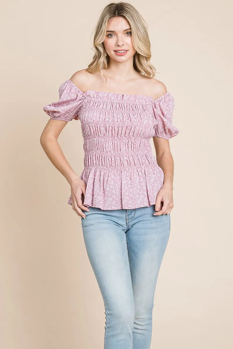 Ruched Floral Off the shoulder Smocked Blouse