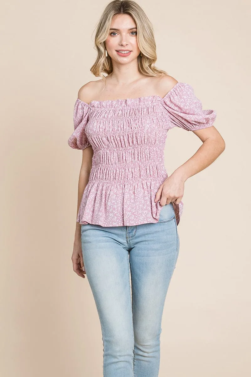 Ruched Floral Off the shoulder Smocked Blouse