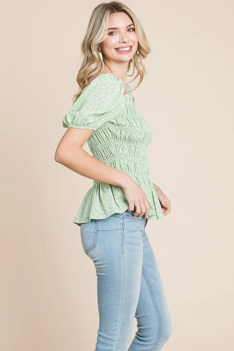 Ruched Floral Off the shoulder Smocked Blouse