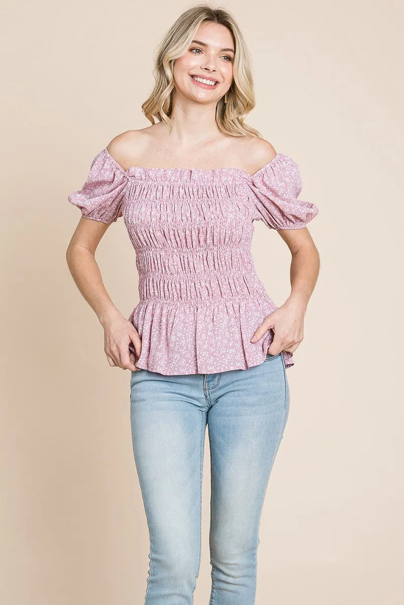 Ruched Floral Off the shoulder Smocked Blouse
