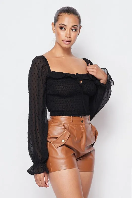 Ruffled Bell Sleeve Smocked Top with Ribbon Detail