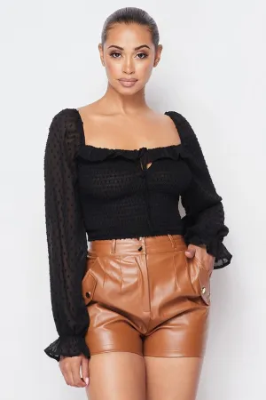Ruffled Bell Sleeve Smocked Top with Ribbon Detail