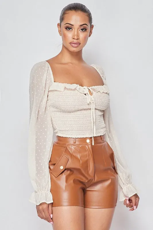 Ruffled Bell Sleeve Smocked Top with Ribbon Detail
