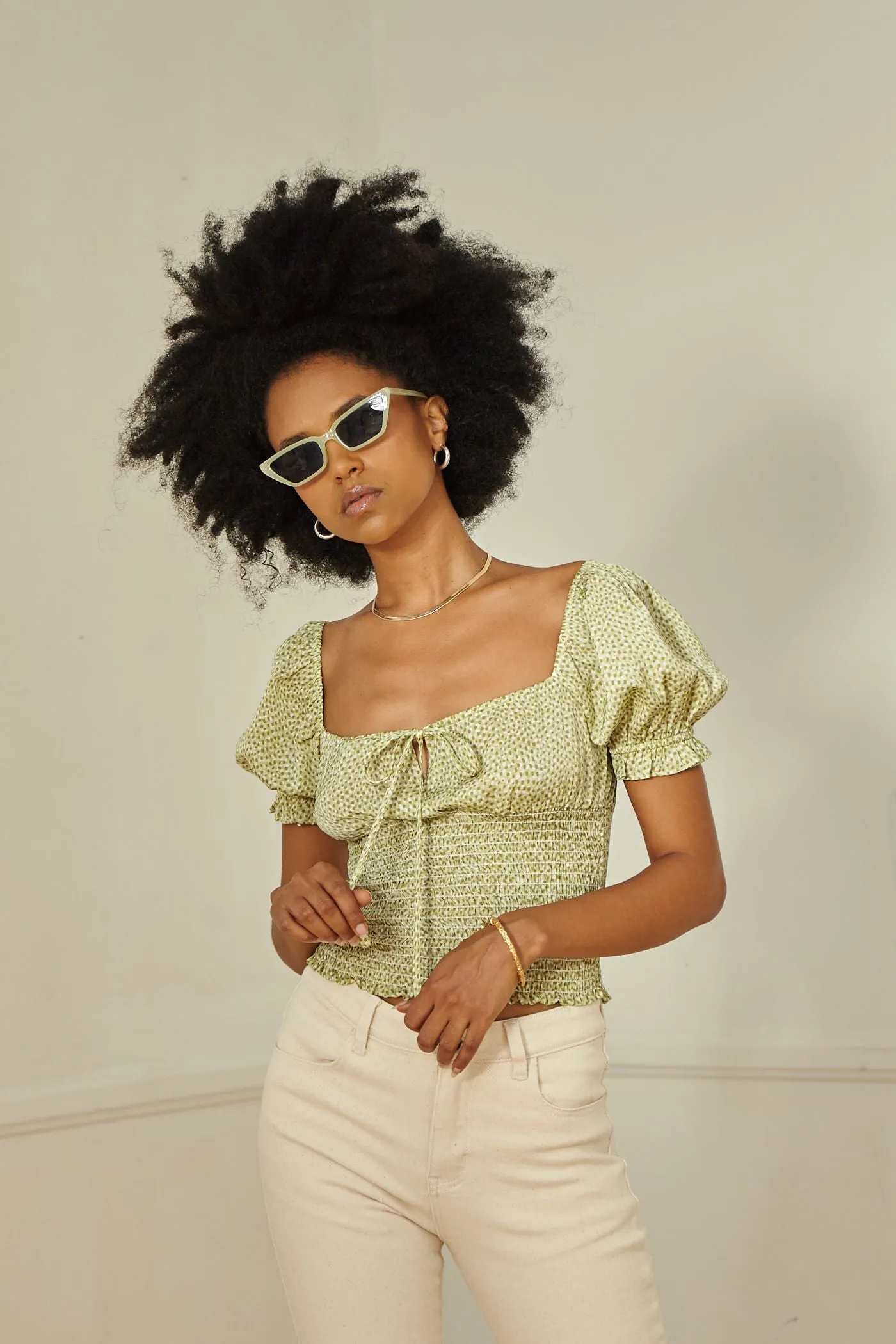 Sage and Ivory Printed Smock Top
