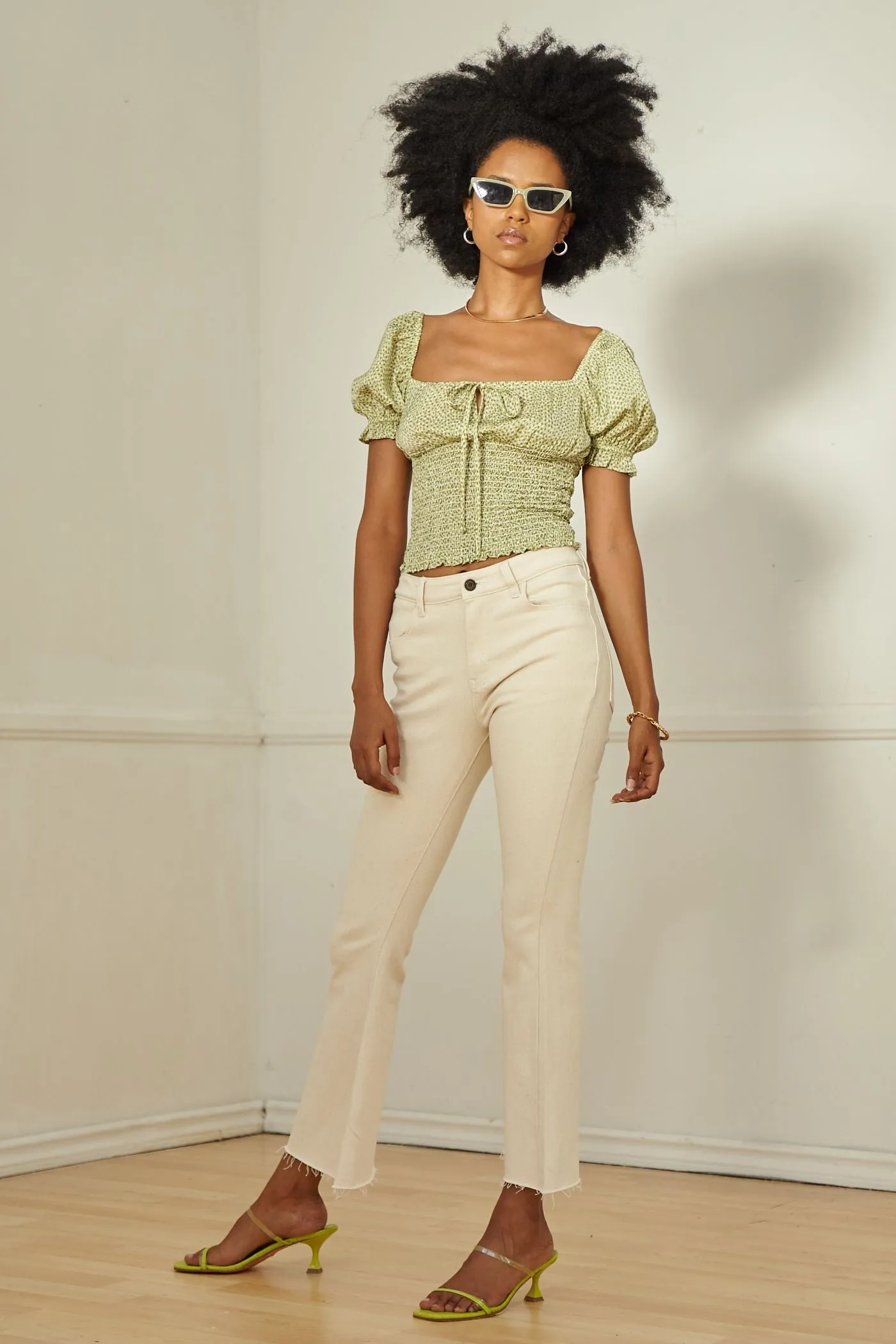 Sage and Ivory Printed Smock Top