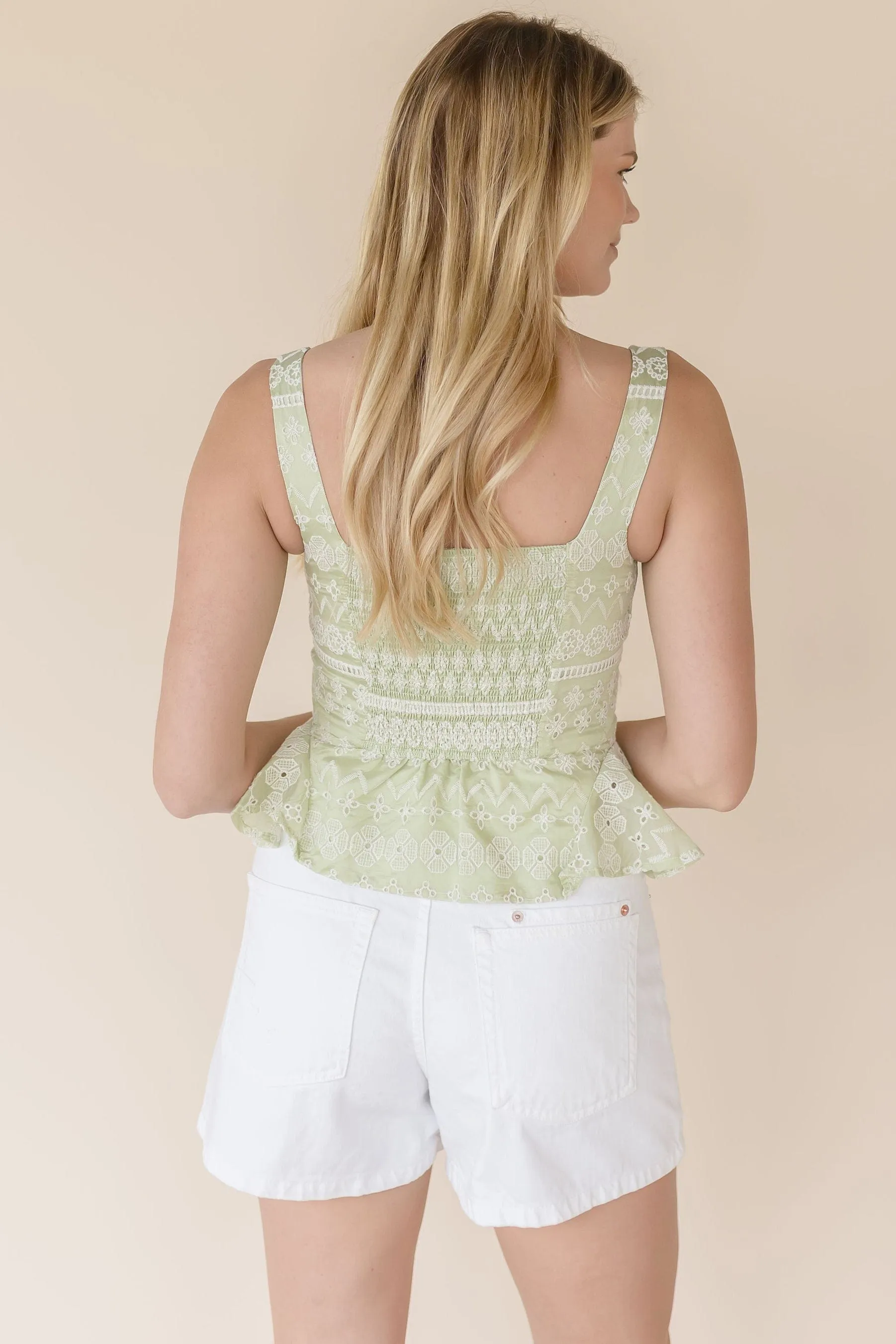 Sage Blossom Eyelet Smocked Top
