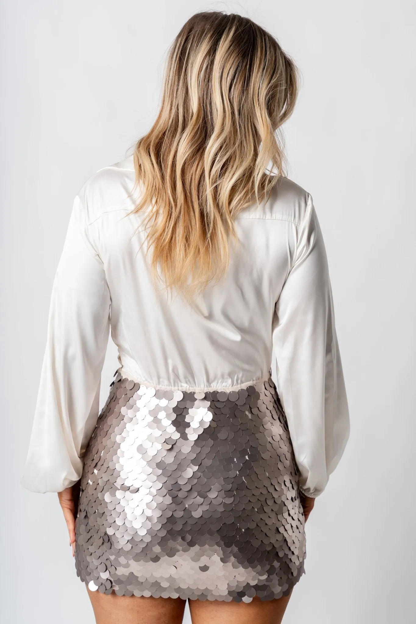 Satin sequin wrap dress shell