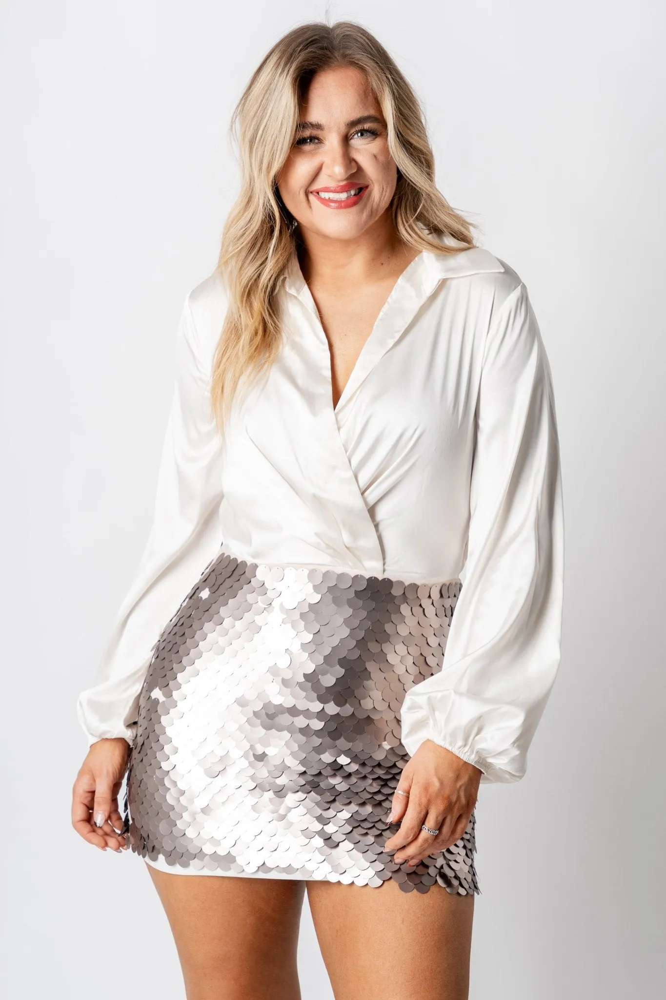 Satin sequin wrap dress shell