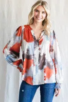Satin Smudged Print Top W/Open Fold Neckline