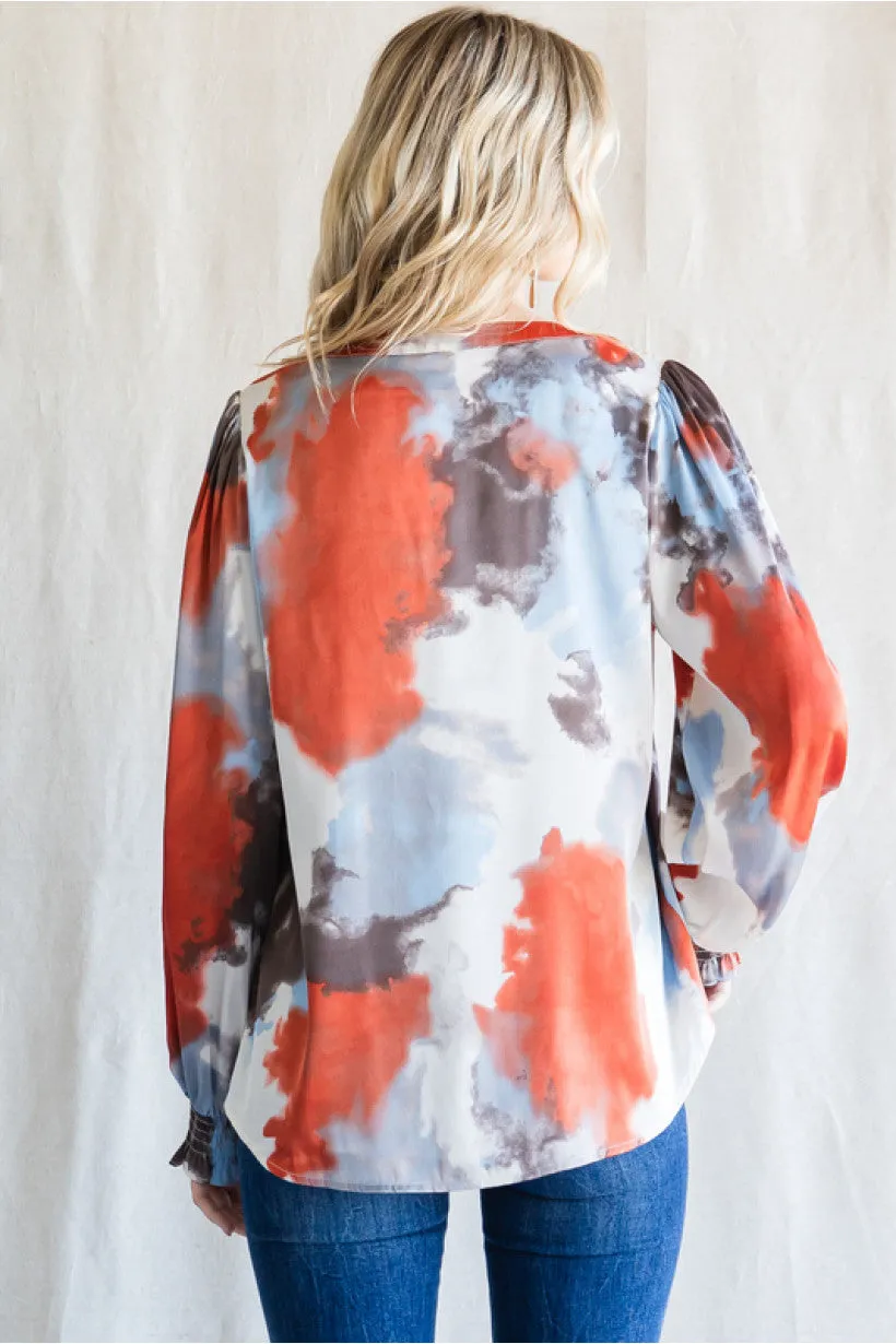 Satin Smudged Print Top W/Open Fold Neckline