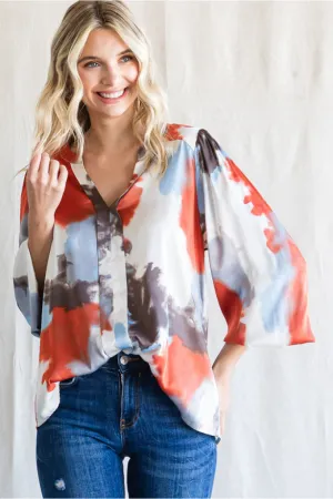Satin Smudged Print Top W/Open Fold Neckline