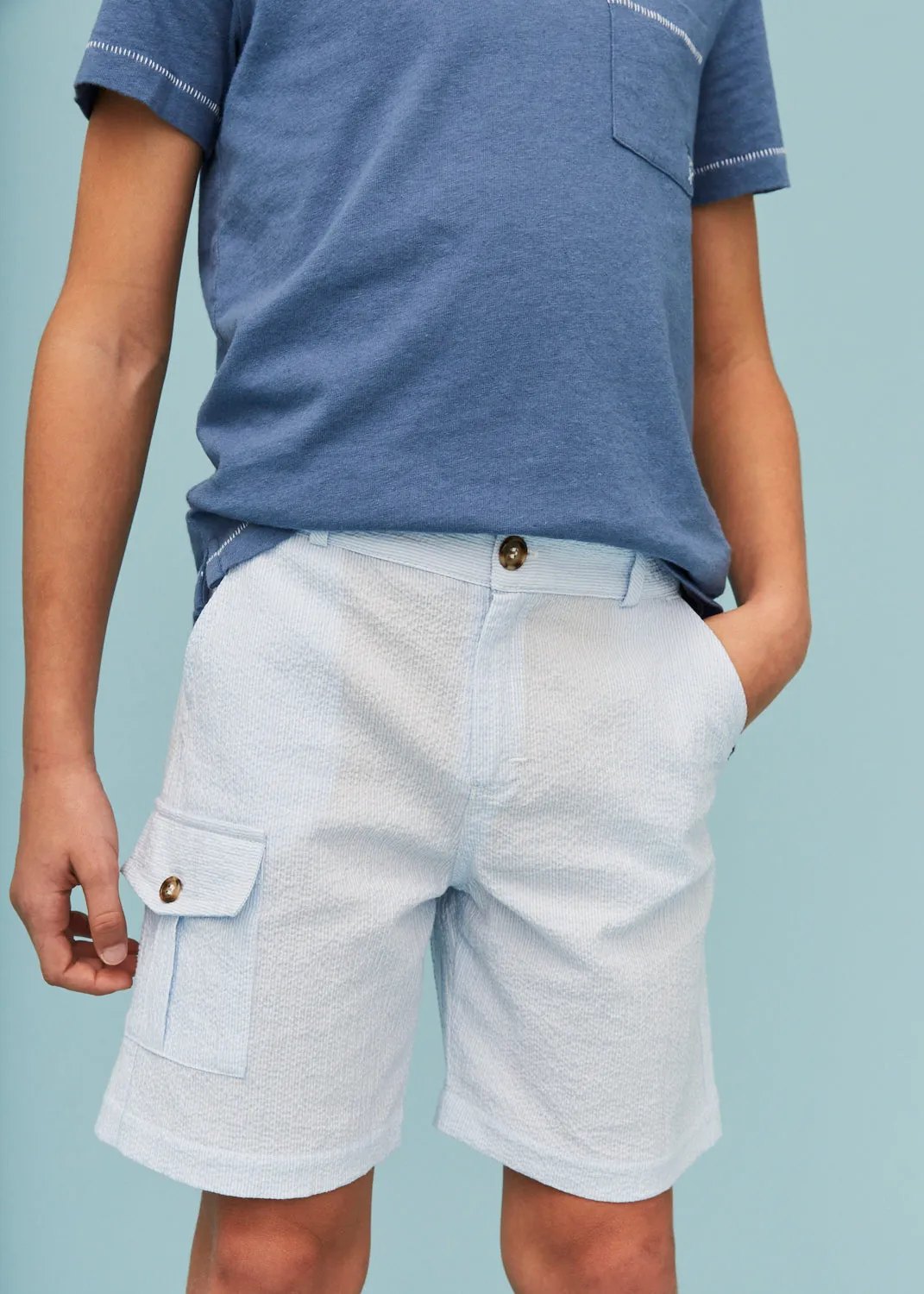 Seersucker Light Blue Cargo Shorts