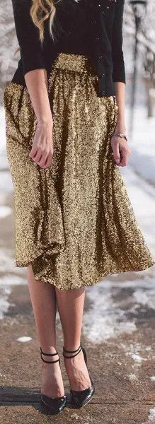Sequin High Waist Flared Fashion Middle Skirt