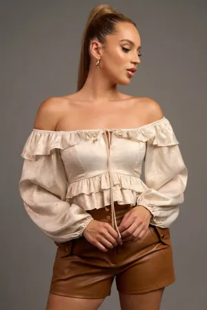 SHINY METALLIC OFF SHOULDER RUFFLED CROPPED TOP
