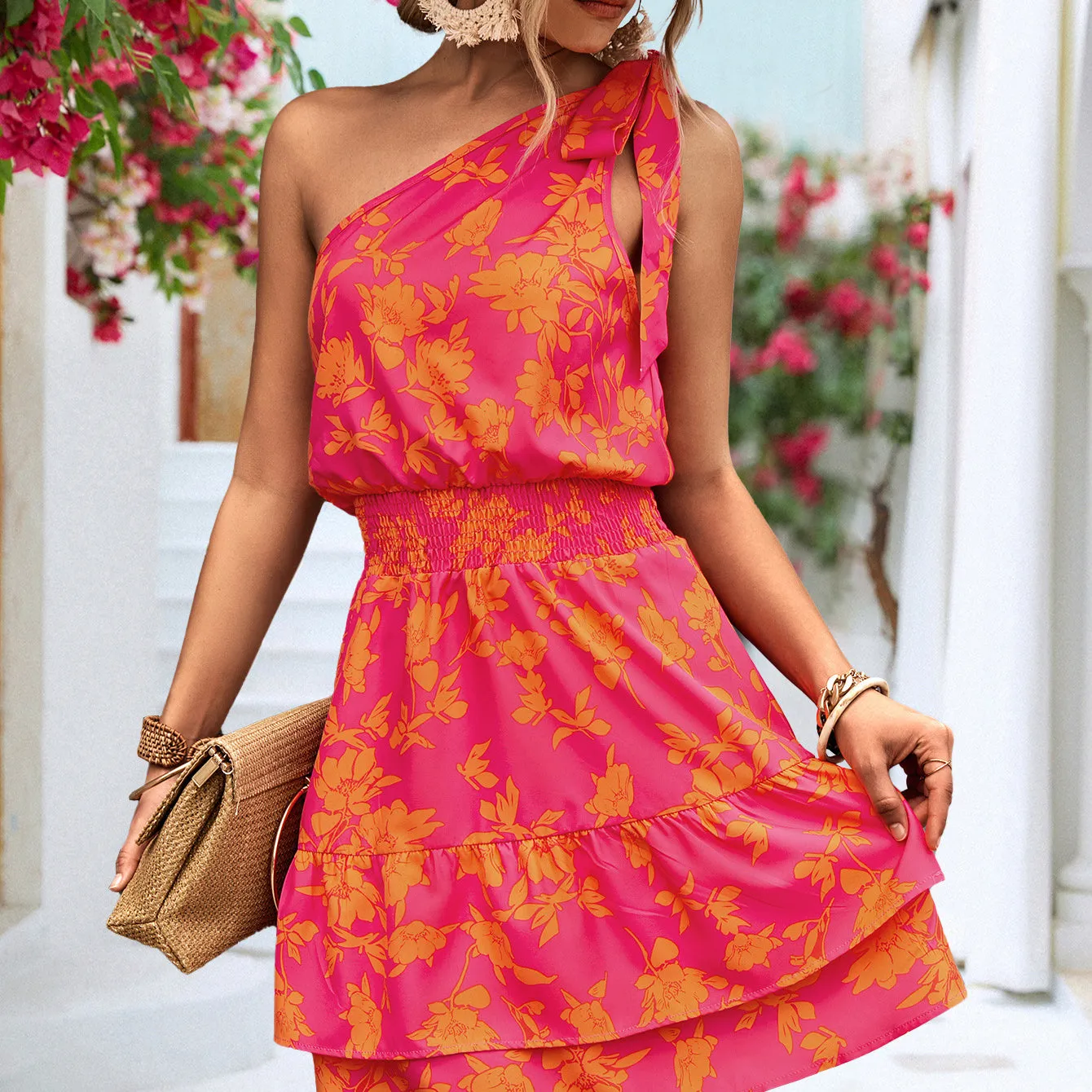 Slanted Shoulder Tie Sleeveless Slim Print Dress Wholesale Dresses