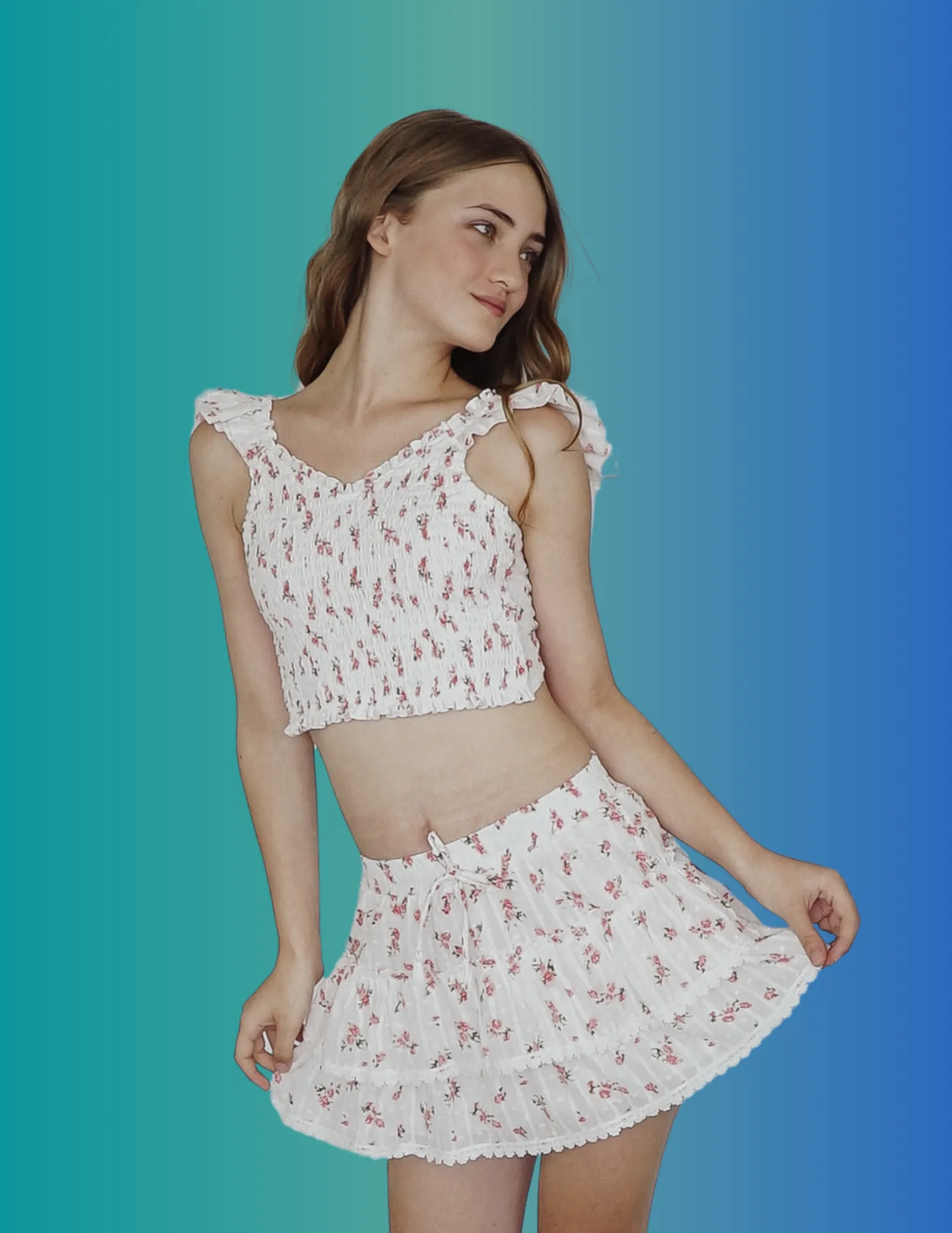 *Smocked Floral V-neck Bow Back Top*