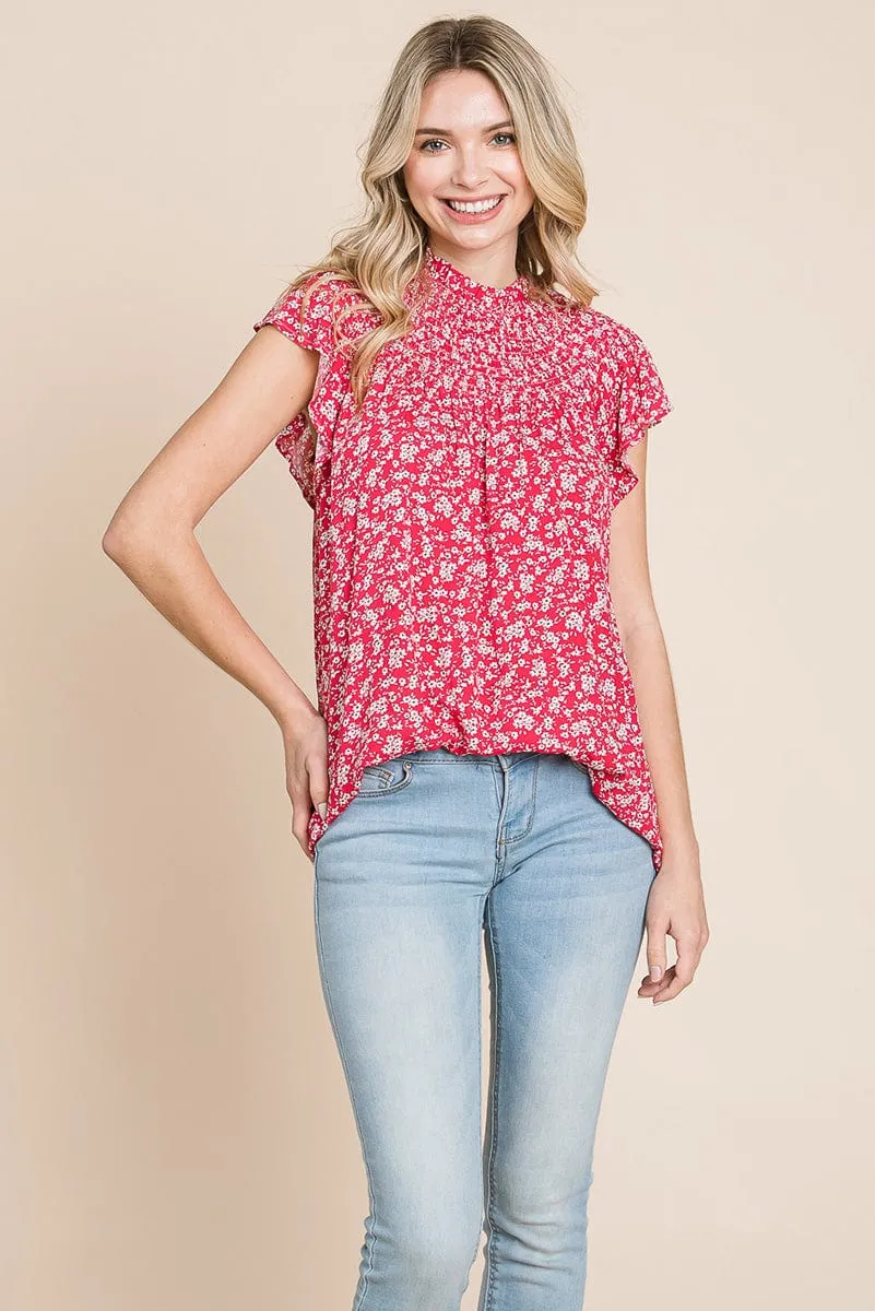 Smocked Neck Flutter Sleeve Floral Printed Tops
