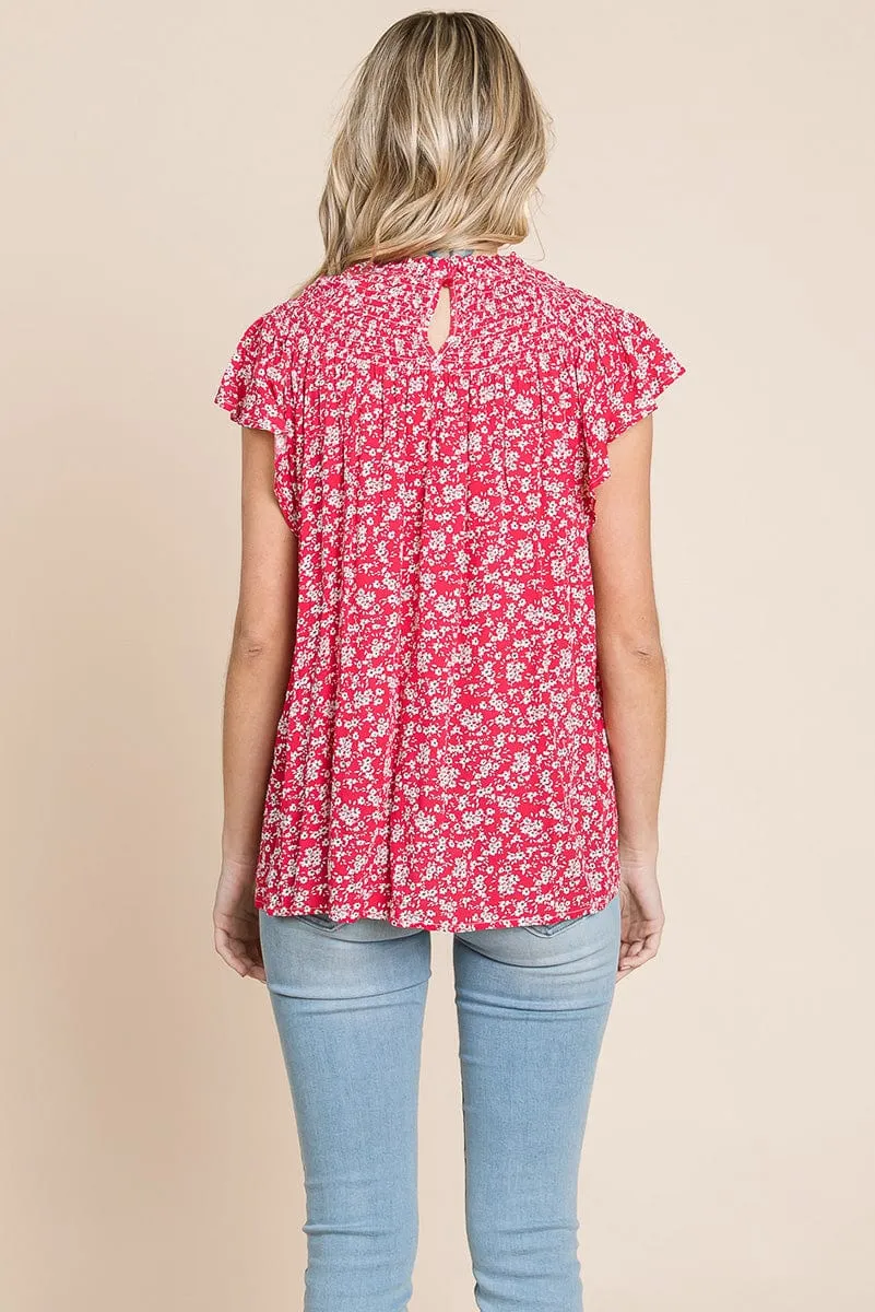 Smocked Neck Flutter Sleeve Floral Printed Tops