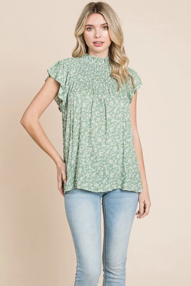 Smocked Neck Flutter Sleeve Floral Printed Tops