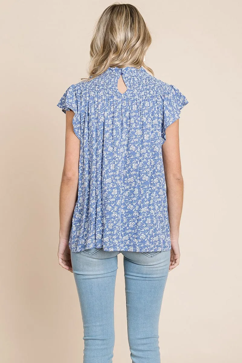 Smocked Neck Flutter Sleeve Floral Printed Tops