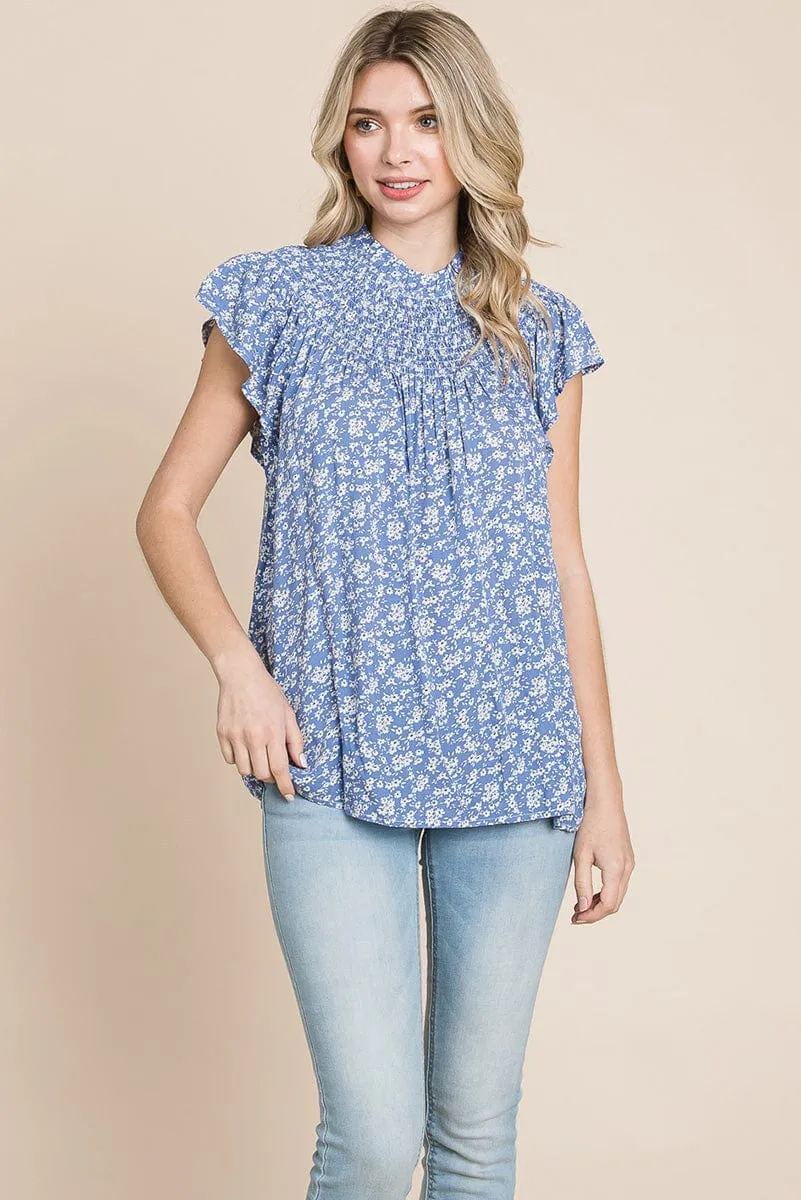 Smocked Neck Flutter Sleeve Floral Printed Tops
