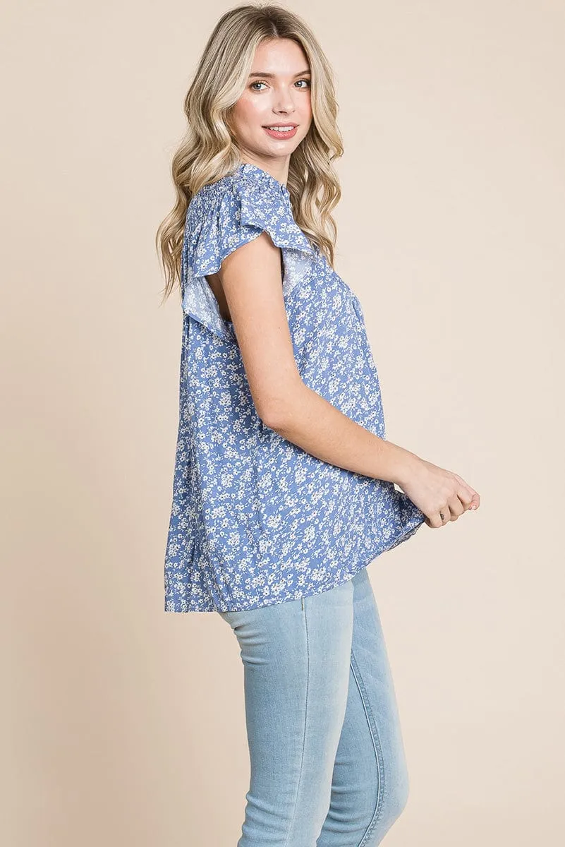 Smocked Neck Flutter Sleeve Floral Printed Tops